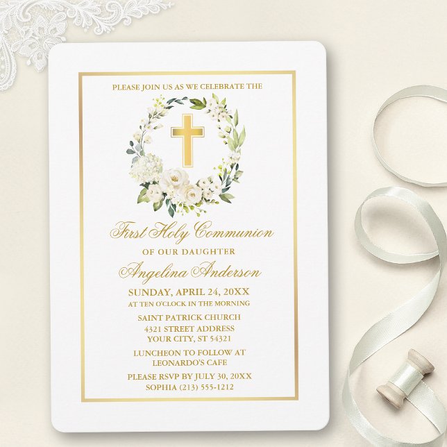 Watercolor White Floral Gold Cross Communion Invitation (Customize to change text color, size, style or to add photos or more text to back of card.)