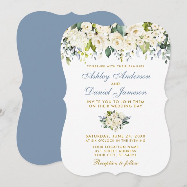 Watercolor White Floral Gold Dusty Blue Wedding Invitation (Front/Back)