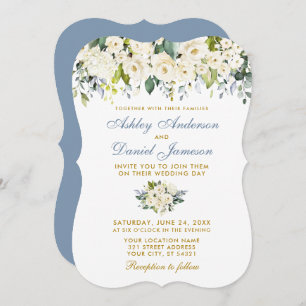 Watercolor White Floral Gold Dusty Blue Wedding Invitation