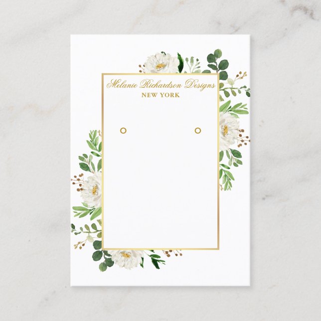 Watercolor White Floral Gold Earring Display Card (Front)