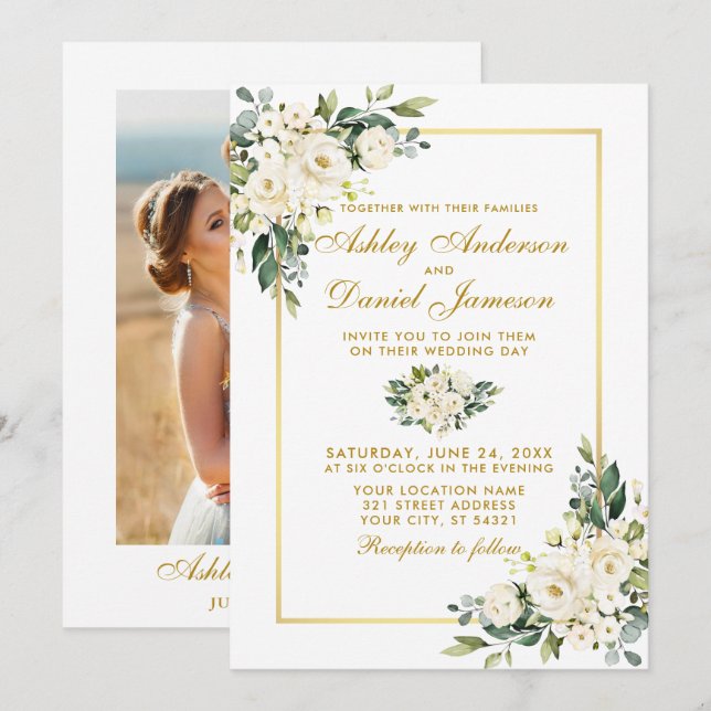 Watercolor White Floral Gold Photo Wedding Invitation (Front/Back)