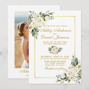 Watercolor White Floral Gold Photo Wedding Invitation