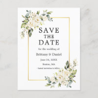 Watercolor White Floral Gold Save the Date