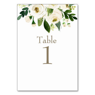 Watercolor White Floral Gold Text Wedding Table Number