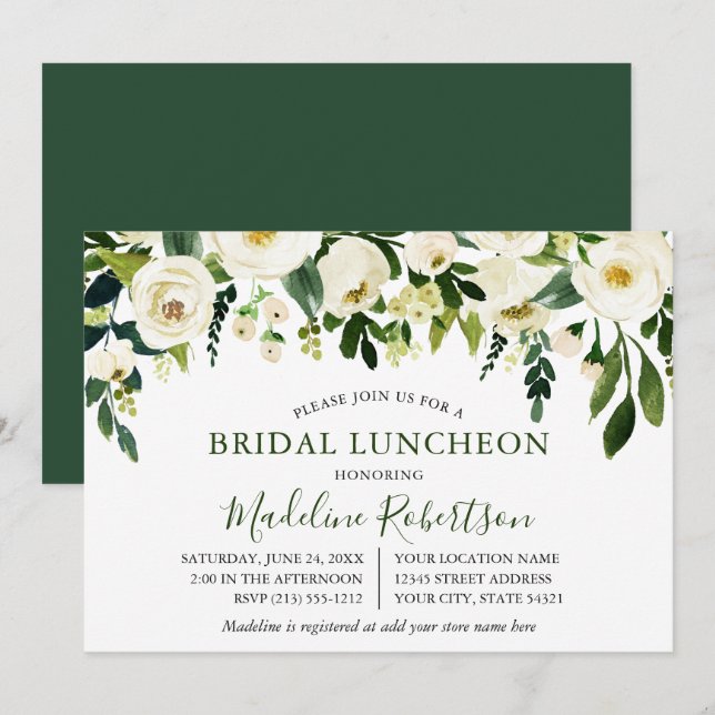 Watercolor White Floral Green Bridal Shower Lunch Invitation (Front/Back)