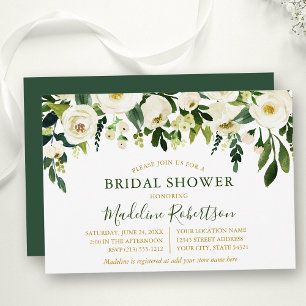 Watercolor White Floral Green Gold Bridal Shower Invitation