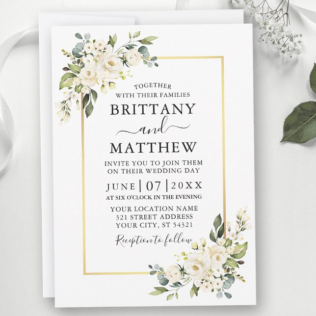 Watercolor White Floral Greenery Gold Wedding Invitation (Customize to change text size, color or text style.)