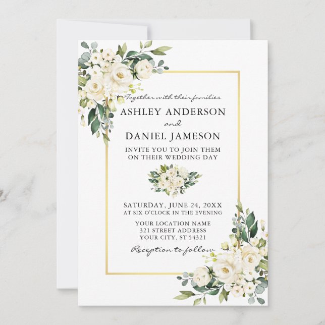 Watercolor White Floral Greenery Gold Wedding Invitation (Front)