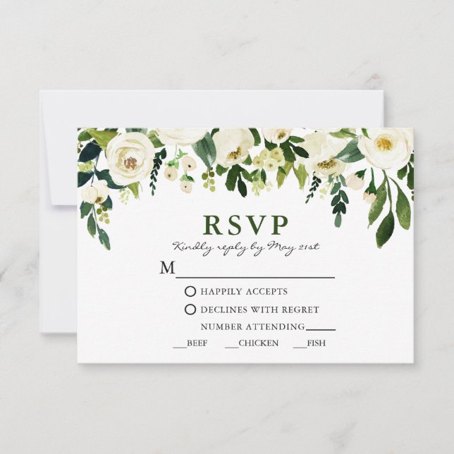 Watercolor White Floral Greenery Meal RSVP Card (Front)