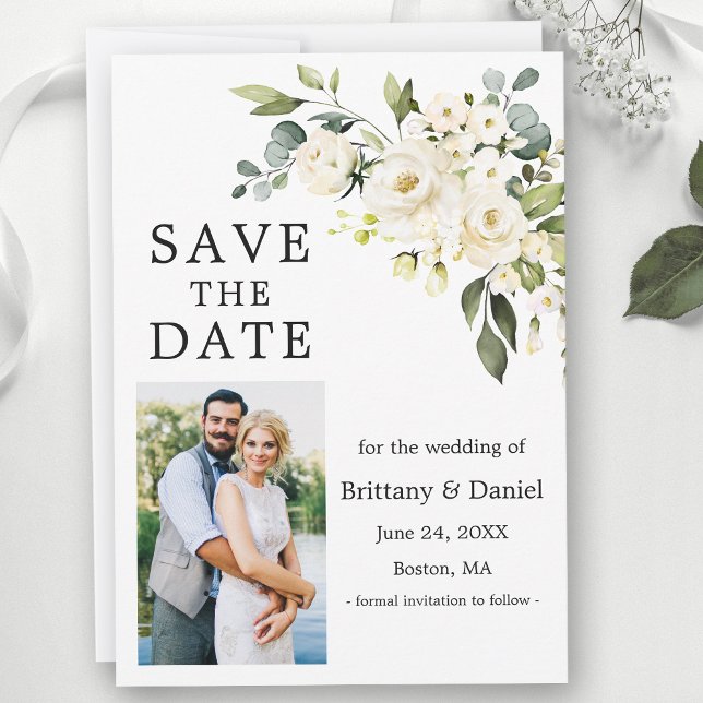 Watercolor White Floral Greenery Photo Save The Date (Customize to change text size or text style.)