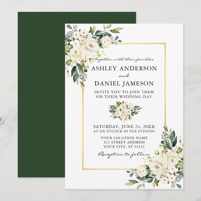 Watercolor White Floral Greenery Wedding Invitation (Front/Back)