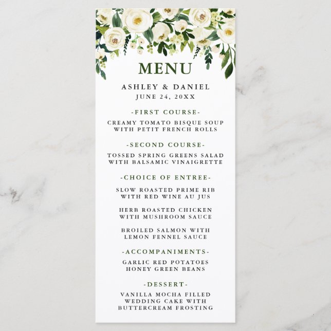 Watercolor White Floral Greenery Wedding Menu (Front)