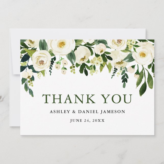 Watercolor White Floral Greenery Wedding Thank You Card (Front)