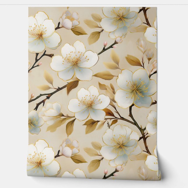 Watercolor White Floral Japanese Cherry Blossom  Wallpaper (Unrolling)
