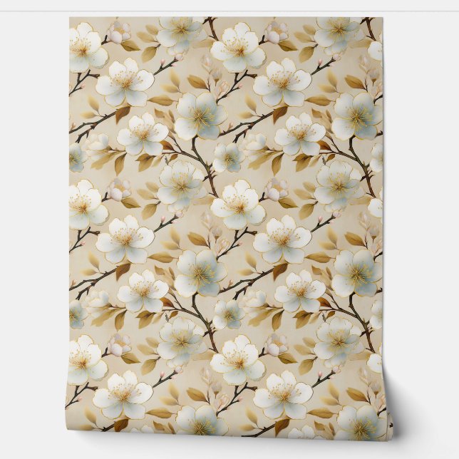 Watercolor White Floral Japanese Cherry Blossom  Wallpaper (Unrolling)