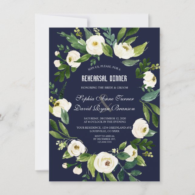 Watercolor White Floral Navy Blue Rehearsal Dinner Invitation (Front)