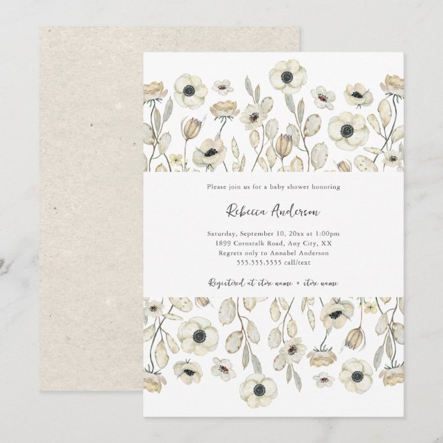 Watercolor White Floral neutral gender baby shower Invitation (Front/Back)