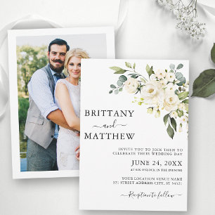 Watercolor White Floral Photo Back Wedding Invitation