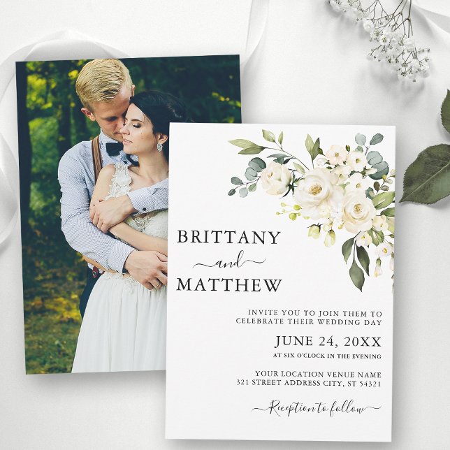 Watercolor White Floral Photo Wedding Invitation (Customize to change text size, color or text style.)