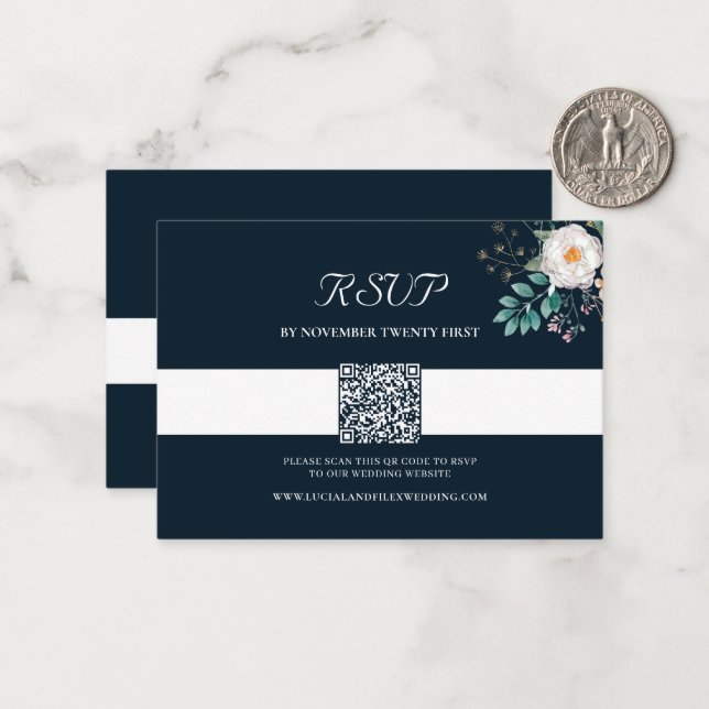 Watercolor White Floral QR Scan RSVP Card (Front/Back In Situ)