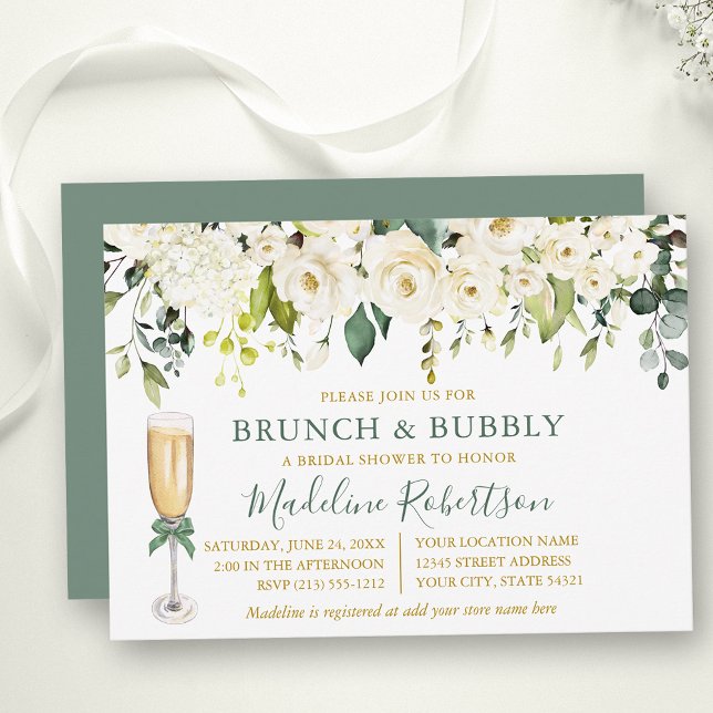 Watercolor White Floral Sage Green Bridal Brunch Invitation (Customize to change text size, color, text style or color of back of card.)