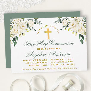 Watercolor White Floral Sage Green Gold  Invitation