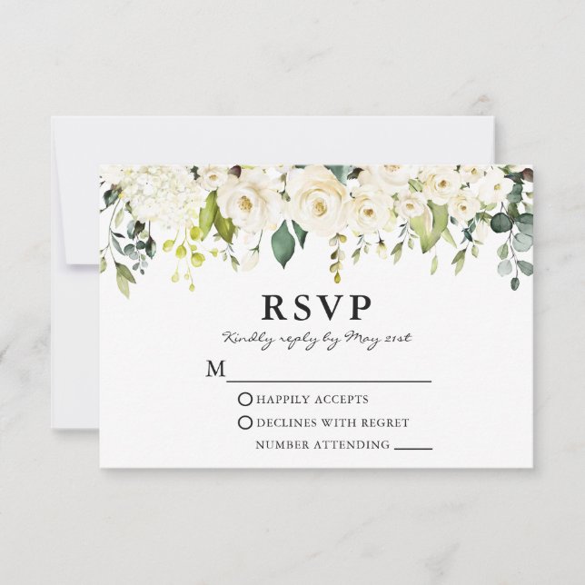 Watercolor White Floral Wedding Greenery RSVP Card (Front)
