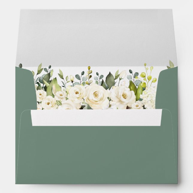 Watercolor White Floral Wedding Sage Green Envelope (Back (Bottom))