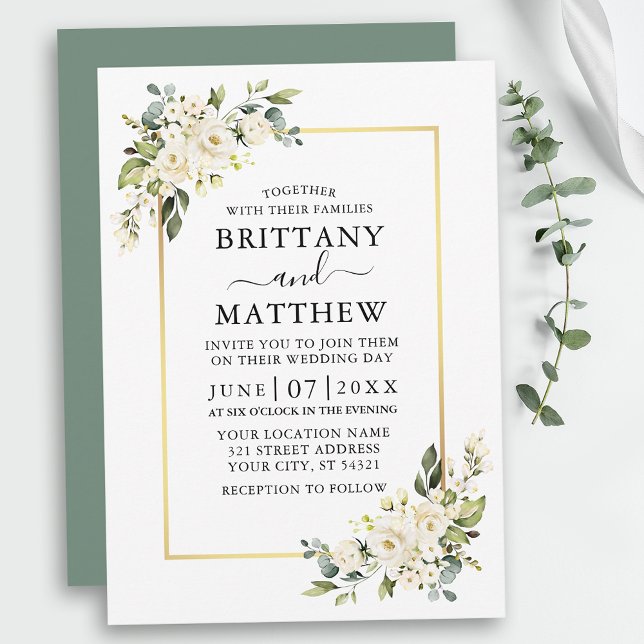 Watercolor White Floral Wedding Sage Green Invitation (Customize to change text style, add text & photos to back or change color of back of card.)
