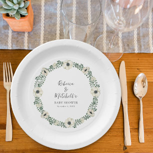 Watercolor White Floral wreath baby shower Paper Plate