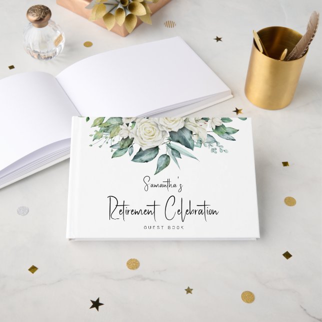 Watercolor White Florals Foliage Retirement Party Guest Book (Front Open)