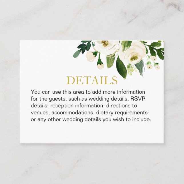 Watercolor White Flower Details Enclosure Card (Front)