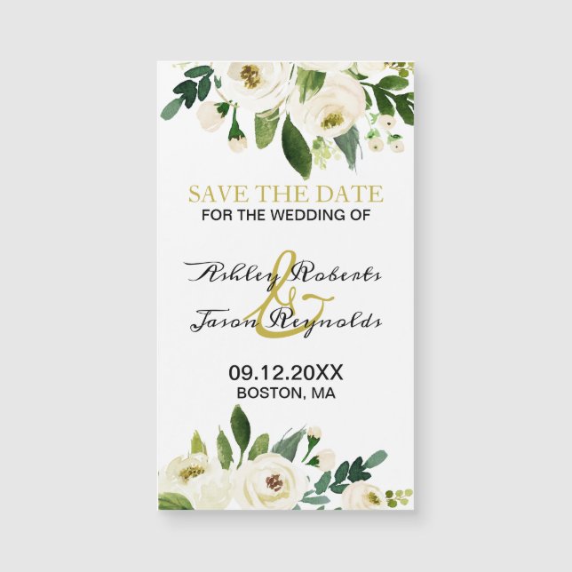 Watercolor White Flower Magnetic Save the Date (Front)