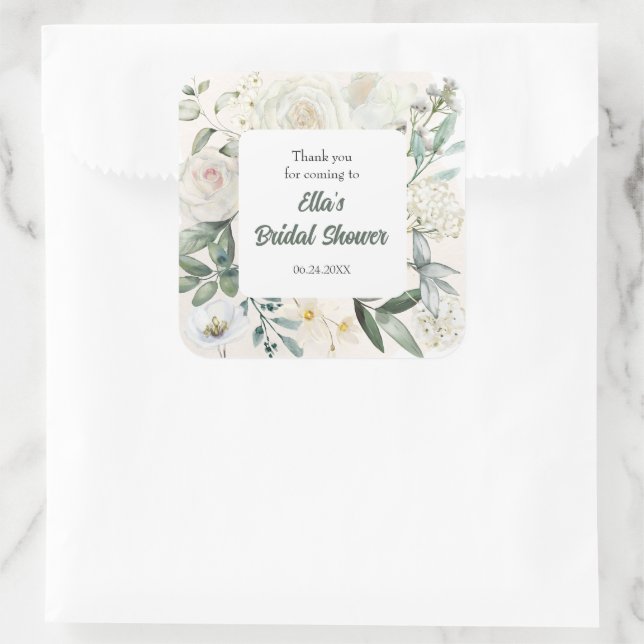 Watercolor White Flower Panel Bridal Shower Square Sticker (Bag)