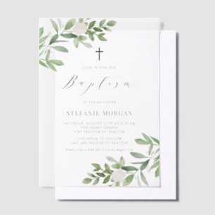 Watercolor White Flowers and Greenery Baptism Vellum Invitations