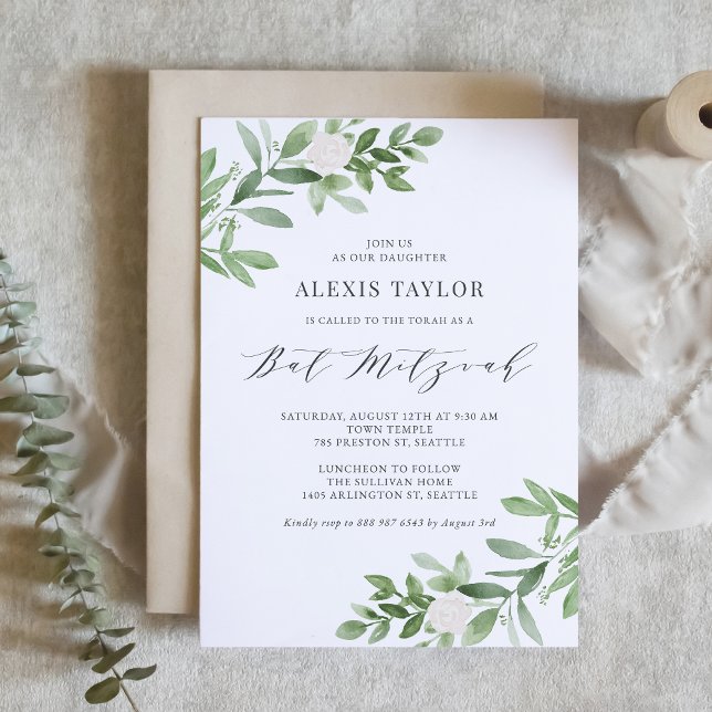Watercolor White Flowers and Greenery Bat Mitzvah Invitation (Creator Uploaded)