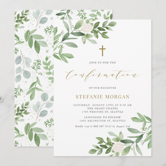 Watercolor White Flowers and Greenery Confirmation Invitation (Front/Back)