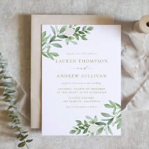 Watercolor White Flowers and Greenery Gold Wedding Invitation