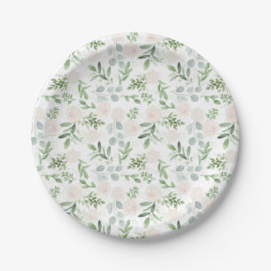 Watercolor White Flowers and Greenery Leaves Paper Plate