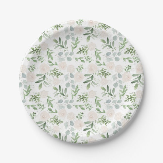 Watercolor White Flowers and Greenery Leaves Paper Plate (Front)