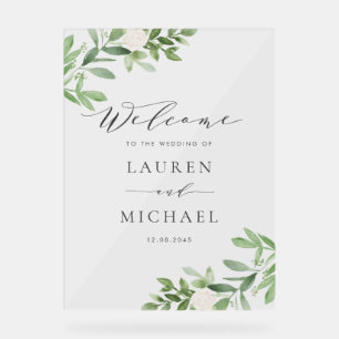 Watercolor White Flowers and Greenery Wedding Acrylic Sign