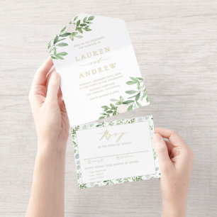 Watercolor White Flowers and Greenery Wedding All In One Invitation
