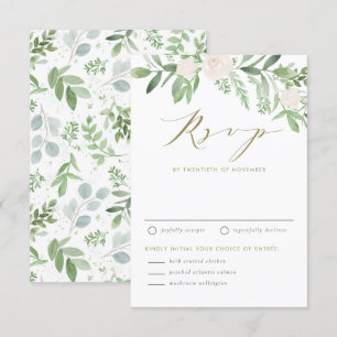 Watercolor White Flowers and Greenery Wedding RSVP Card