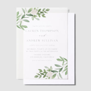 Watercolor White Flowers and Greenery Wedding Vellum Invitations