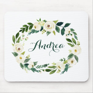 Watercolor White Flowers and Leaves Wreath Script Mouse Mat