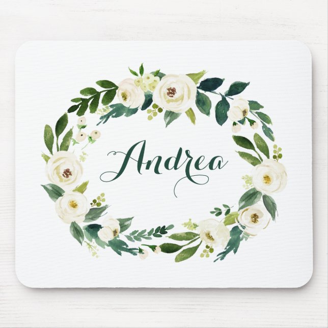 Watercolor White Flowers and Leaves Wreath Script Mouse Mat (Front)