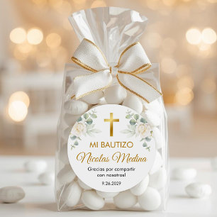 Watercolor White Flowers Bautizo Recuerdos Favours Classic Round Sticker