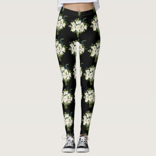 Watercolor White Flowers Bouquet Black Pattern Leggings