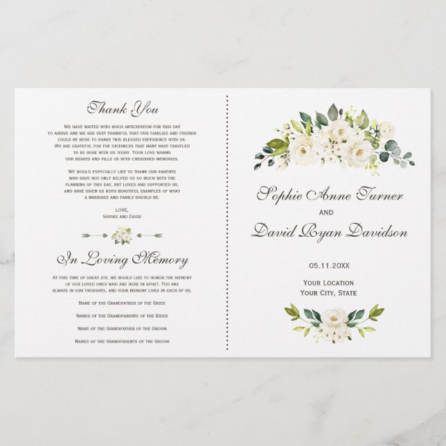 Watercolor White Flowers Bouquet Wedding Program (Front)