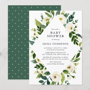 Watercolor White Flowers Frame Baby Shower Invitation